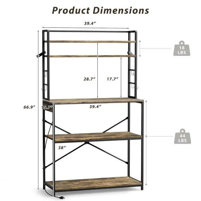Alt view image 3 of 7 - Backers Rack with Power Outlet, 39.4" W Kitchen Microwave Stand with 8 S-Shaped Hooks, 5 Tiers Coffee Bar Station Storage Shelf for Spices, Pots, Rustic Brown