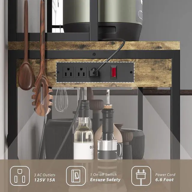 Alt view image 5 of 7 - Backers Rack with Power Outlet, 39.4" W Kitchen Microwave Stand with 8 S-Shaped Hooks, 5 Tiers Coffee Bar Station Storage Shelf for Spices, Pots, Rustic Brown
