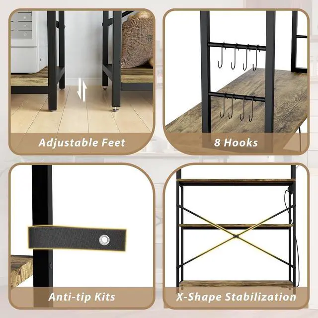 Alt view image 6 of 7 - Backers Rack with Power Outlet, 39.4" W Kitchen Microwave Stand with 8 S-Shaped Hooks, 5 Tiers Coffee Bar Station Storage Shelf for Spices, Pots, Rustic Brown