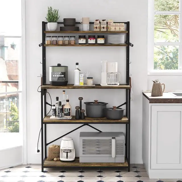 Alt view image 4 of 7 - Backers Rack with Power Outlet, 39.4" W Kitchen Microwave Stand with 8 S-Shaped Hooks, 5 Tiers Coffee Bar Station Storage Shelf for Spices, Pots, Rustic Brown