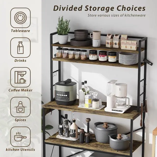 Alt view image 7 of 7 - Backers Rack with Power Outlet, 39.4" W Kitchen Microwave Stand with 8 S-Shaped Hooks, 5 Tiers Coffee Bar Station Storage Shelf for Spices, Pots, Rustic Brown