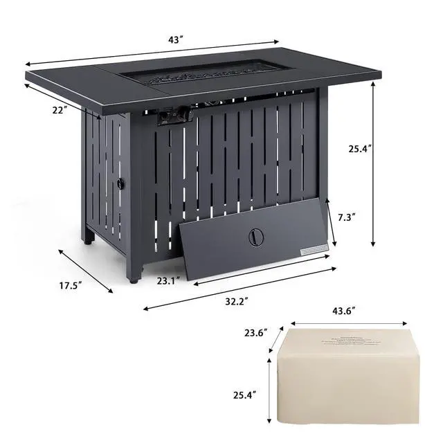 Alt view image 6 of 6 - 43 inch Propane Gas Fire Pit Table Outdoor 50,000 BTU Auto lgnition Patio Propane Gas Firepit with Tempered Glass Desktop and Glass Stone, Black