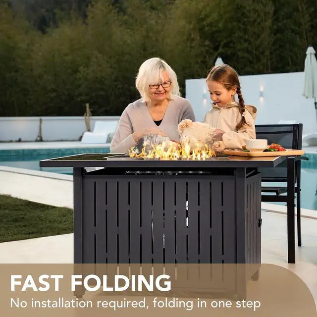 Alt view image 3 of 6 - 43 inch Propane Gas Fire Pit Table Outdoor 50,000 BTU Auto lgnition Patio Propane Gas Firepit with Tempered Glass Desktop and Glass Stone, Black
