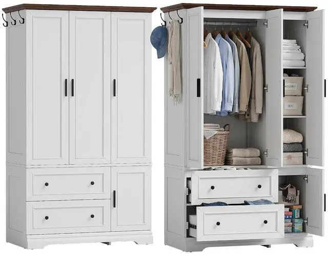 Main image of 3 Door Wooden Armoire Wardrobe Closet, 70.9" H x 21.1" D with Hanging Rod, Fixed Shelves & 2 Drawers, Soft-Close Hinges, Ball-Bearing Slides (White/Walnut)