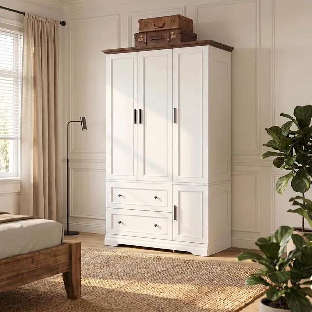 Alt view image 2 of 7 - 3 Door Wooden Armoire Wardrobe Closet, 70.9" H x 21.1" D with Hanging Rod, Fixed Shelves & 2 Drawers, Soft-Close Hinges, Ball-Bearing Slides (White/Walnut)