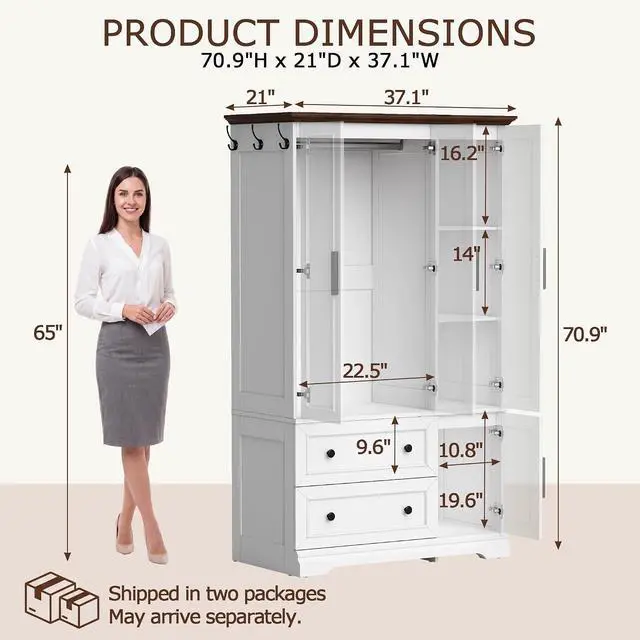Alt view image 3 of 7 - 3 Door Wooden Armoire Wardrobe Closet, 70.9" H x 21.1" D with Hanging Rod, Fixed Shelves & 2 Drawers, Soft-Close Hinges, Ball-Bearing Slides (White/Walnut)