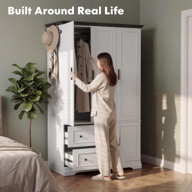 Alt view image 4 of 7 - 3 Door Wooden Armoire Wardrobe Closet, 70.9" H x 21.1" D with Hanging Rod, Fixed Shelves & 2 Drawers, Soft-Close Hinges, Ball-Bearing Slides (White/Walnut)