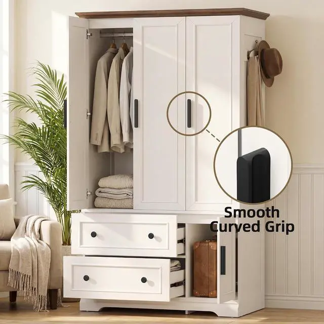 Alt view image 5 of 7 - 3 Door Wooden Armoire Wardrobe Closet, 70.9" H x 21.1" D with Hanging Rod, Fixed Shelves & 2 Drawers, Soft-Close Hinges, Ball-Bearing Slides (White/Walnut)