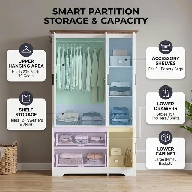Alt view image 6 of 7 - 3 Door Wooden Armoire Wardrobe Closet, 70.9" H x 21.1" D with Hanging Rod, Fixed Shelves & 2 Drawers, Soft-Close Hinges, Ball-Bearing Slides (White/Walnut)