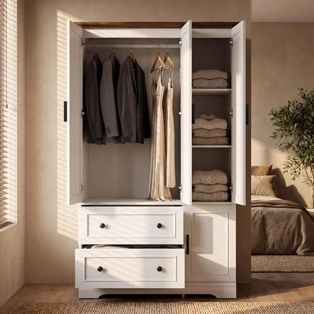 Alt view image 7 of 7 - 3 Door Wooden Armoire Wardrobe Closet, 70.9" H x 21.1" D with Hanging Rod, Fixed Shelves & 2 Drawers, Soft-Close Hinges, Ball-Bearing Slides (White/Walnut)