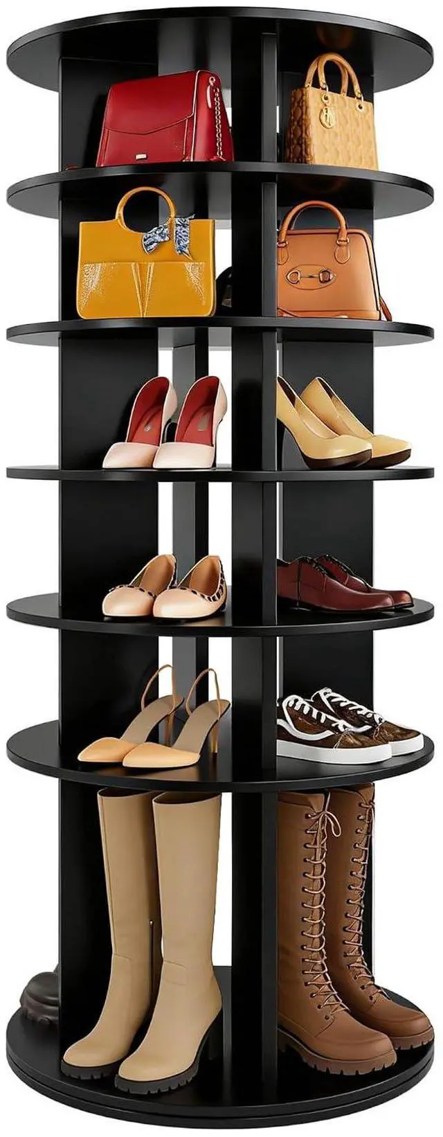 Main image of Rotating Shoe Rack Tower, 6-Tier Vertical Closet Storage Organizer for Shoes, Handbags & Tall Boots, 360° Spinning Lazy Susan Base, Space-Saving for Bedroom & Closet (Black)