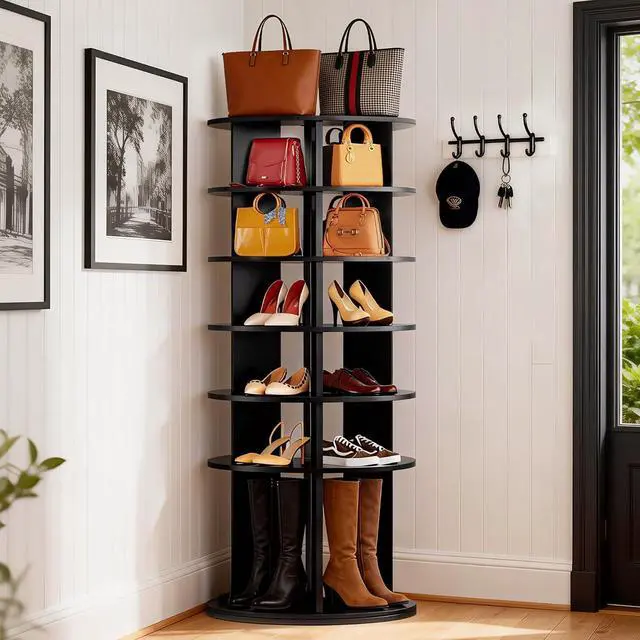 Alt view image 2 of 7 - Rotating Shoe Rack Tower, 6-Tier Vertical Closet Storage Organizer for Shoes, Handbags & Tall Boots, 360° Spinning Lazy Susan Base, Space-Saving for Bedroom & Closet (Black)