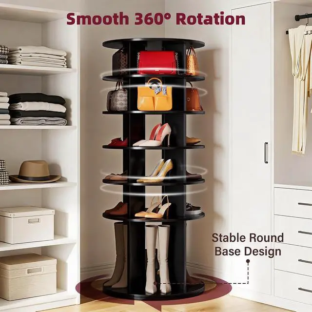 Alt view image 3 of 7 - Rotating Shoe Rack Tower, 6-Tier Vertical Closet Storage Organizer for Shoes, Handbags & Tall Boots, 360° Spinning Lazy Susan Base, Space-Saving for Bedroom & Closet (Black)