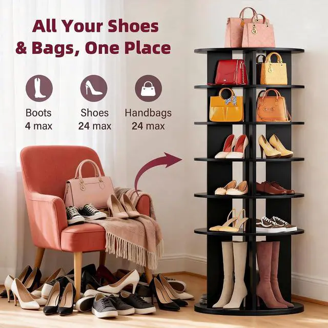 Alt view image 4 of 7 - Rotating Shoe Rack Tower, 6-Tier Vertical Closet Storage Organizer for Shoes, Handbags & Tall Boots, 360° Spinning Lazy Susan Base, Space-Saving for Bedroom & Closet (Black)