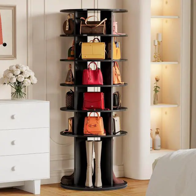 Alt view image 5 of 7 - Rotating Shoe Rack Tower, 6-Tier Vertical Closet Storage Organizer for Shoes, Handbags & Tall Boots, 360° Spinning Lazy Susan Base, Space-Saving for Bedroom & Closet (Black)