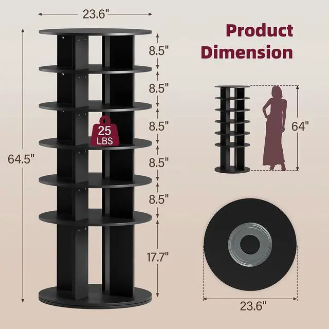Alt view image 6 of 7 - Rotating Shoe Rack Tower, 6-Tier Vertical Closet Storage Organizer for Shoes, Handbags & Tall Boots, 360° Spinning Lazy Susan Base, Space-Saving for Bedroom & Closet (Black)