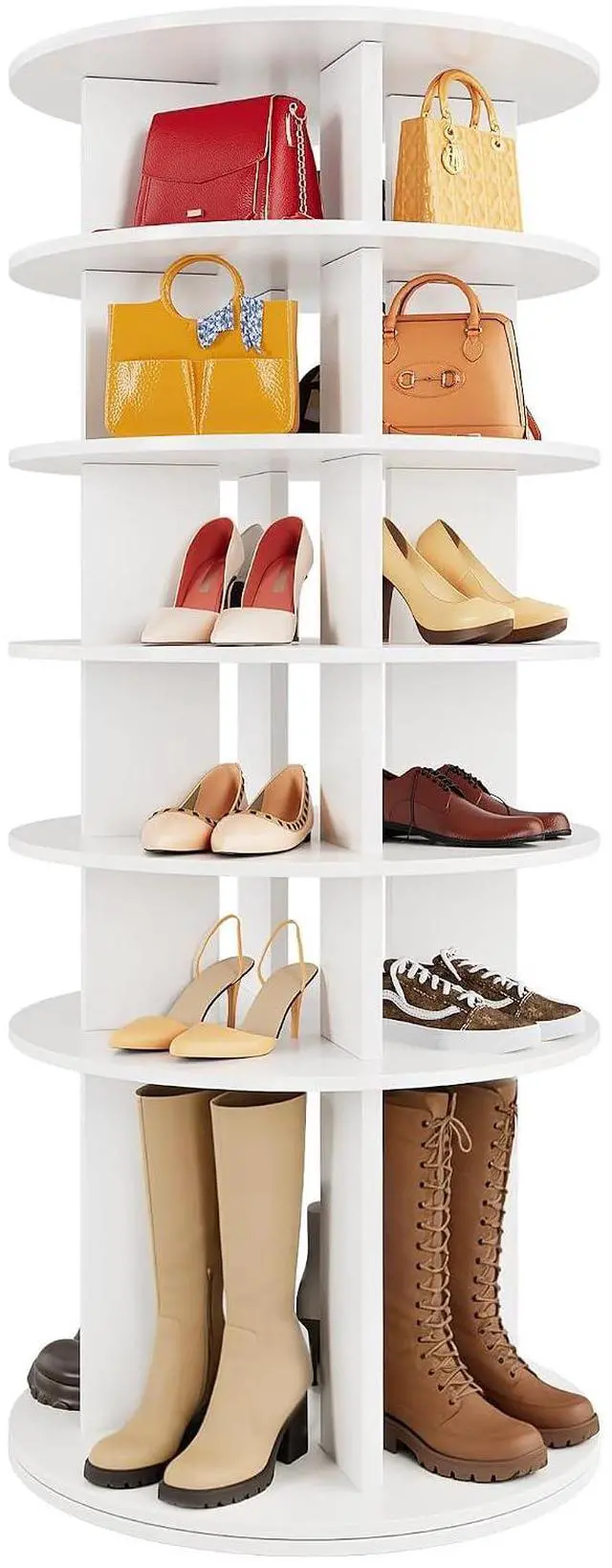 Main image of Rotating Shoe Rack Tower, 6-Tier Vertical Closet Storage Organizer for Shoes, Handbags & Tall Boots, 360° Spinning Lazy Susan Base, Space-Saving for Bedroom & Closet (White)
