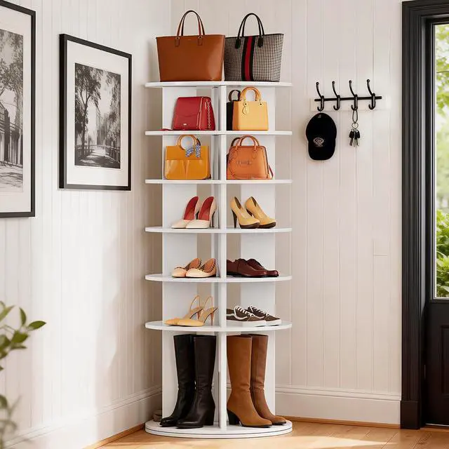 Alt view image 2 of 7 - Rotating Shoe Rack Tower, 6-Tier Vertical Closet Storage Organizer for Shoes, Handbags & Tall Boots, 360° Spinning Lazy Susan Base, Space-Saving for Bedroom & Closet (White)