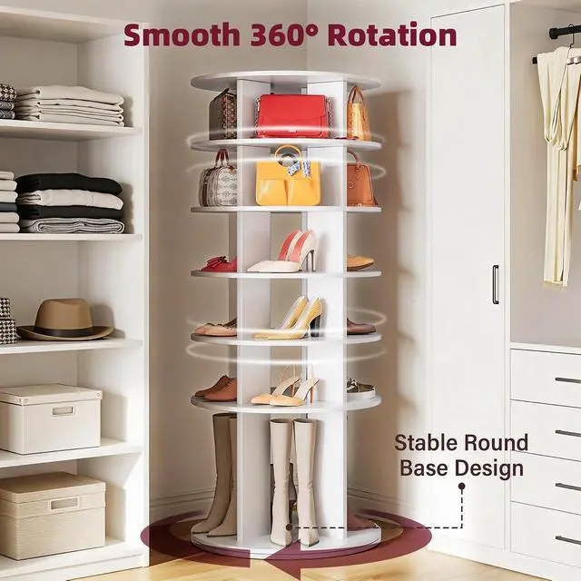 Alt view image 3 of 7 - Rotating Shoe Rack Tower, 6-Tier Vertical Closet Storage Organizer for Shoes, Handbags & Tall Boots, 360° Spinning Lazy Susan Base, Space-Saving for Bedroom & Closet (White)
