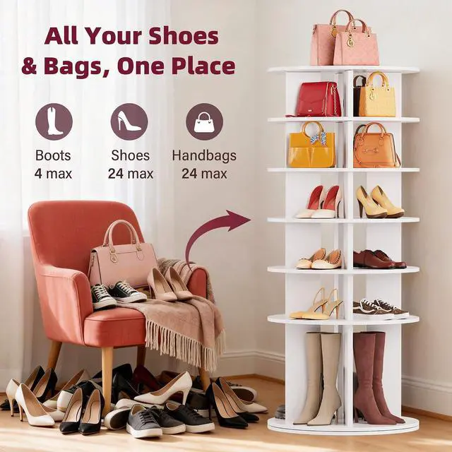 Alt view image 4 of 7 - Rotating Shoe Rack Tower, 6-Tier Vertical Closet Storage Organizer for Shoes, Handbags & Tall Boots, 360° Spinning Lazy Susan Base, Space-Saving for Bedroom & Closet (White)