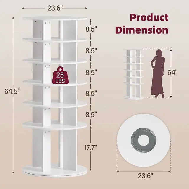Alt view image 6 of 7 - Rotating Shoe Rack Tower, 6-Tier Vertical Closet Storage Organizer for Shoes, Handbags & Tall Boots, 360° Spinning Lazy Susan Base, Space-Saving for Bedroom & Closet (White)