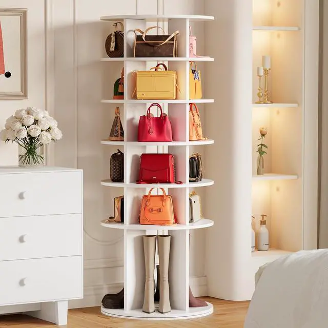 Alt view image 5 of 7 - Rotating Shoe Rack Tower, 6-Tier Vertical Closet Storage Organizer for Shoes, Handbags & Tall Boots, 360° Spinning Lazy Susan Base, Space-Saving for Bedroom & Closet (White)
