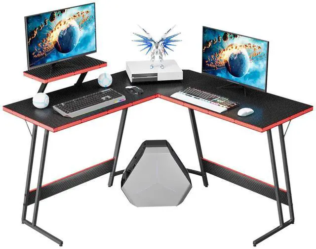 Main image of L Shaped Gaming Desk Computer Corner PC Desk Table with Large Monitor Riser Stand for Home Office Sturdy Writing Workstation (Black, 47 Inch)