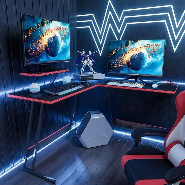 Alt view image 2 of 7 - L Shaped Gaming Desk Computer Corner PC Desk Table with Large Monitor Riser Stand for Home Office Sturdy Writing Workstation (Black, 47 Inch)