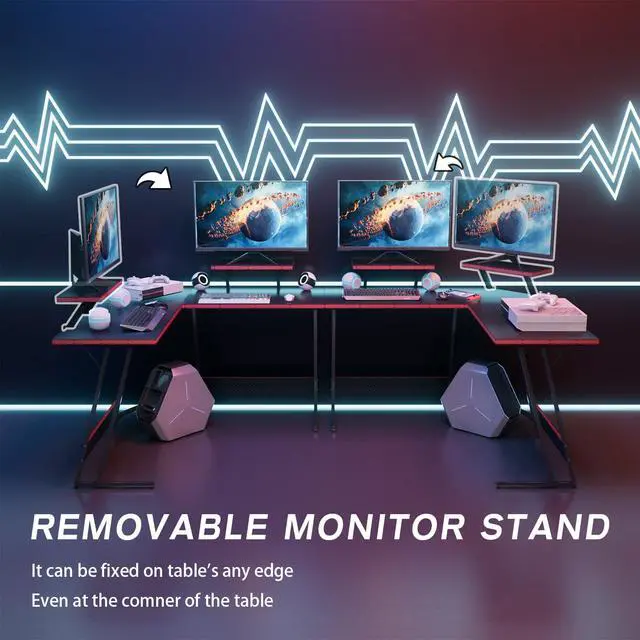 Alt view image 4 of 7 - L Shaped Gaming Desk Computer Corner PC Desk Table with Large Monitor Riser Stand for Home Office Sturdy Writing Workstation (Black, 47 Inch)