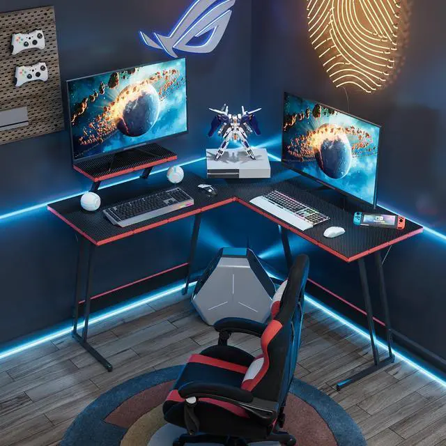 Alt view image 7 of 7 - L Shaped Gaming Desk Computer Corner PC Desk Table with Large Monitor Riser Stand for Home Office Sturdy Writing Workstation (Black, 47 Inch)