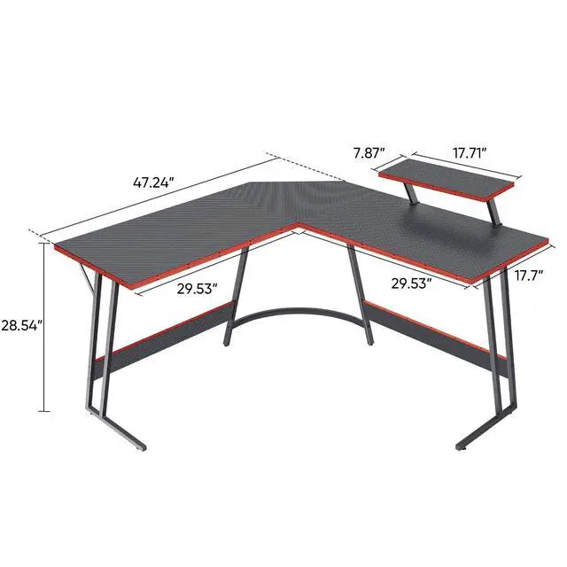 Alt view image 3 of 7 - L Shaped Gaming Desk, Corner Desk with Monitor Stand, Computer PC Table for Home Office Writing Studying Working, Space-Saving, Easy Assemble (Black, 47'')