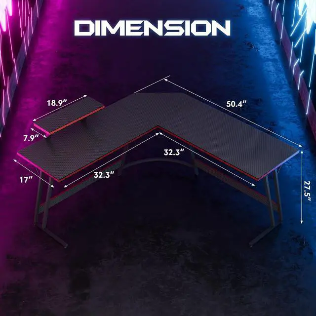 Alt view image 3 of 7 - L Shaped Gaming Desk, 51 Inch Pc Corner Table, Computer Corner Desk with Monitor Stand for Home Office Sturdy Writing Workstation (Large, Black)