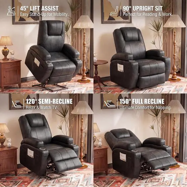 Alt view image 6 of 7 - Power Lift Recliner Chair Electric Lift Recliner for Elderly Power Lift Recliner Chair with Cup Holders Side Pockets for Living Room (Leathaire, Light Black)