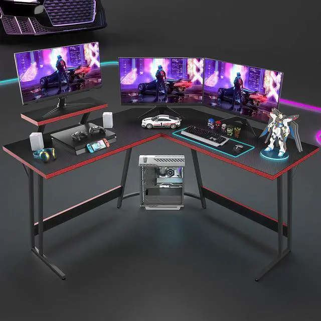 Alt view image 2 of 7 - L Shaped Gaming Desk Computer Desk 51 Office Corner Desk with Monitor Stand Home Gaming Writing Study Table Workstation (Carbon Fibre Black)