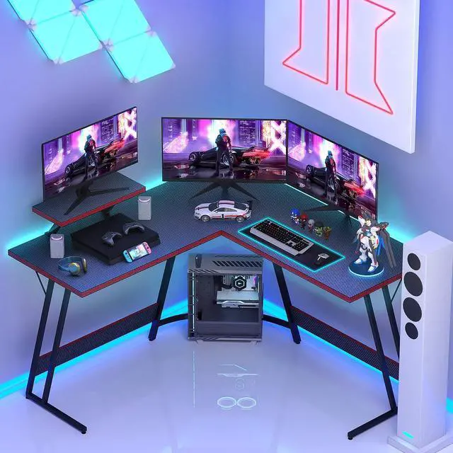 Alt view image 7 of 7 - L Shaped Gaming Desk Computer Desk 51 Office Corner Desk with Monitor Stand Home Gaming Writing Study Table Workstation (Carbon Fibre Black)