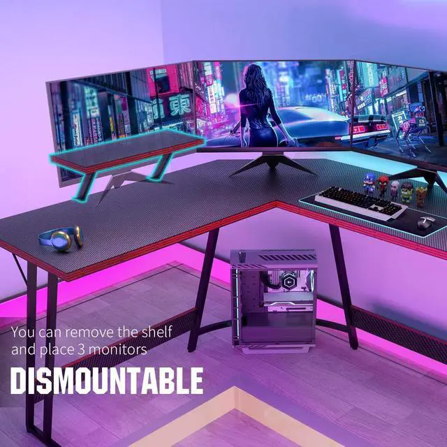 Alt view image 6 of 7 - L Shaped Gaming Desk Computer Desk 51 Office Corner Desk with Monitor Stand Home Gaming Writing Study Table Workstation (Carbon Fibre Black)