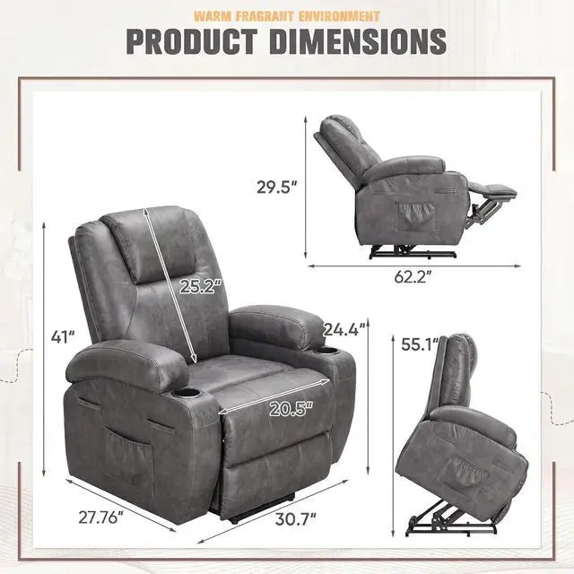 Alt view image 2 of 7 - Power Lift Recliner Chair Electric Lift Recliner for Elderly Power Lift Recliner Chair with Cup Holders Side Pockets for Living Room (Leathaire, Light Gray)