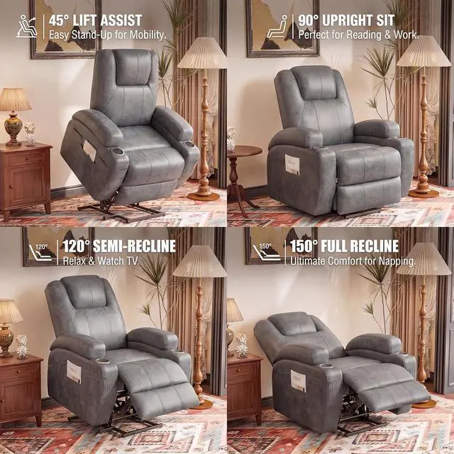 Alt view image 5 of 7 - Power Lift Recliner Chair Electric Lift Recliner for Elderly Power Lift Recliner Chair with Cup Holders Side Pockets for Living Room (Leathaire, Light Gray)