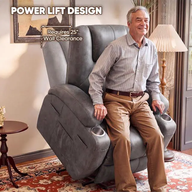 Alt view image 4 of 7 - Power Lift Recliner Chair Electric Lift Recliner for Elderly Power Lift Recliner Chair with Cup Holders Side Pockets for Living Room (Leathaire, Light Gray)