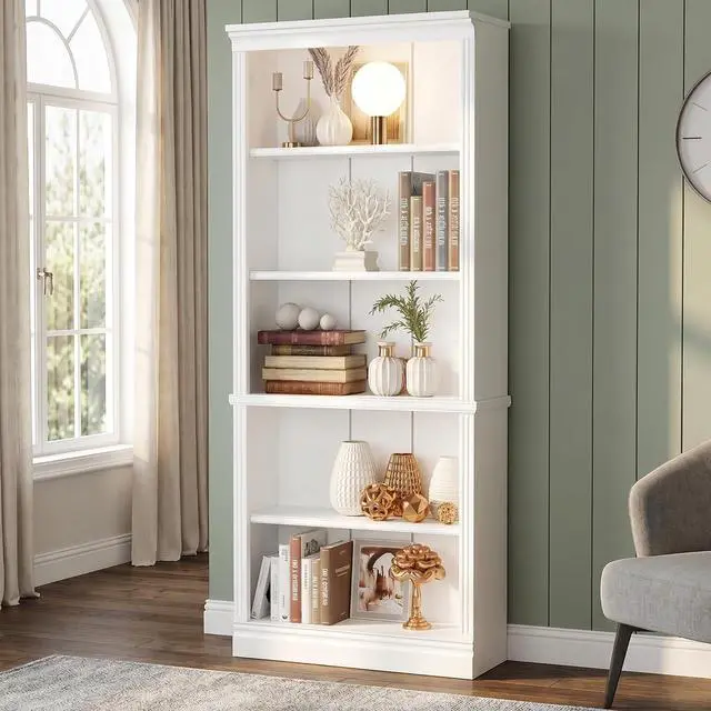 Main image of 5-Shelf Bookcase, Wooden Standing Rack Book Storage Shelves Furniture Selection for Living Room, Bedroom, Home Office (White)