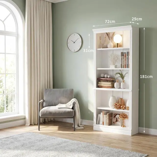 Alt view image 2 of 7 - 5-Shelf Bookcase, Wooden Standing Rack Book Storage Shelves Furniture Selection for Living Room, Bedroom, Home Office (White)