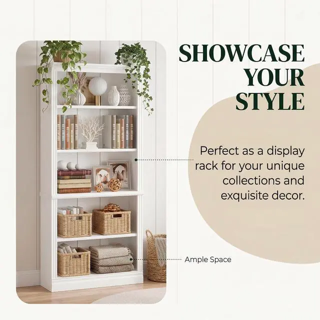 Alt view image 7 of 7 - 5-Shelf Bookcase, Wooden Standing Rack Book Storage Shelves Furniture Selection for Living Room, Bedroom, Home Office (White)