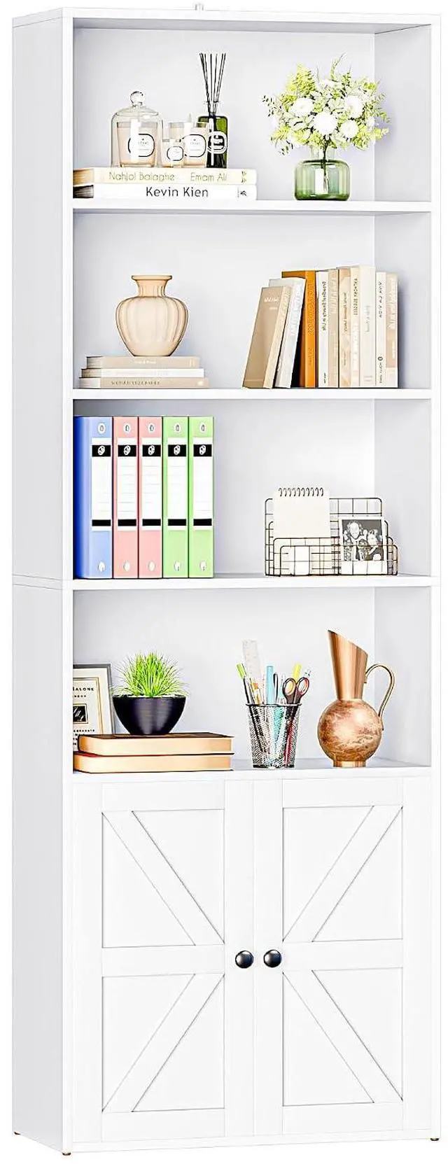 Main image of Industrial Bookshelf and Bookcases with Doors Modern Bookshelf Cabinet Tall Book Shelves Storage for Home Office, Bedroom (White)