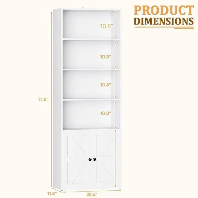 Alt view image 3 of 7 - Industrial Bookshelf and Bookcases with Doors Modern Bookshelf Cabinet Tall Book Shelves Storage for Home Office, Bedroom (White)
