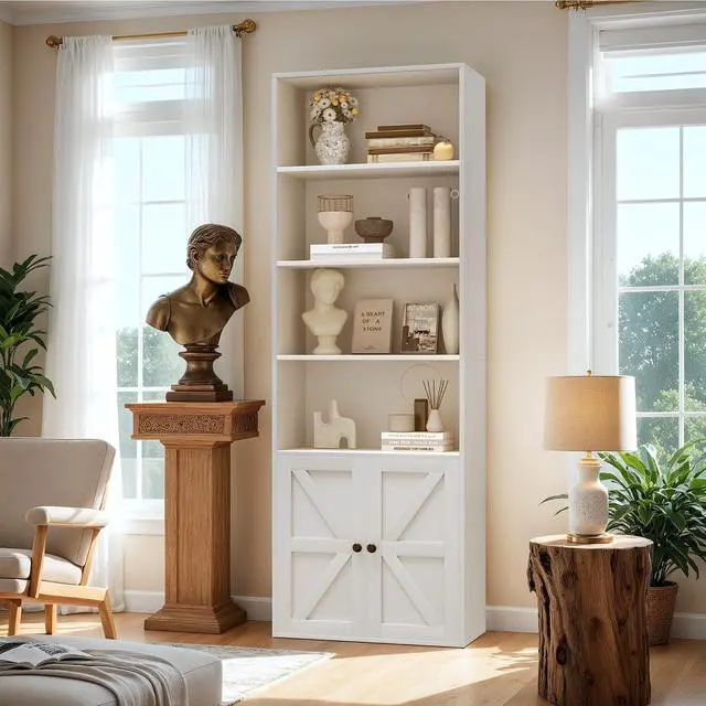 Alt view image 2 of 7 - Industrial Bookshelf and Bookcases with Doors Modern Bookshelf Cabinet Tall Book Shelves Storage for Home Office, Bedroom (White)