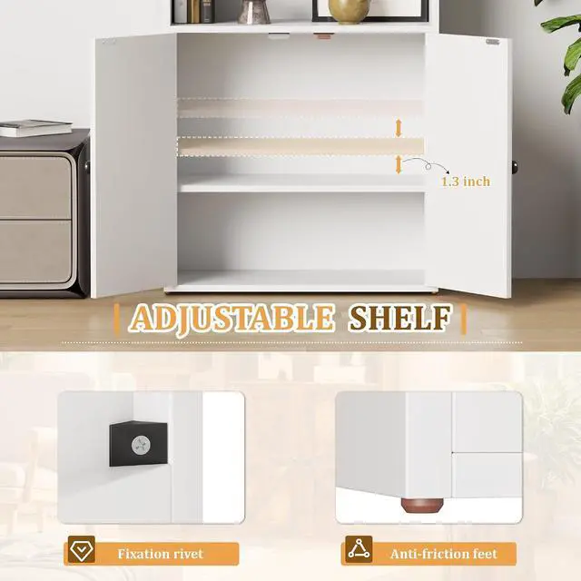 Alt view image 4 of 7 - Industrial Bookshelf and Bookcases with Doors Modern Bookshelf Cabinet Tall Book Shelves Storage for Home Office, Bedroom (White)
