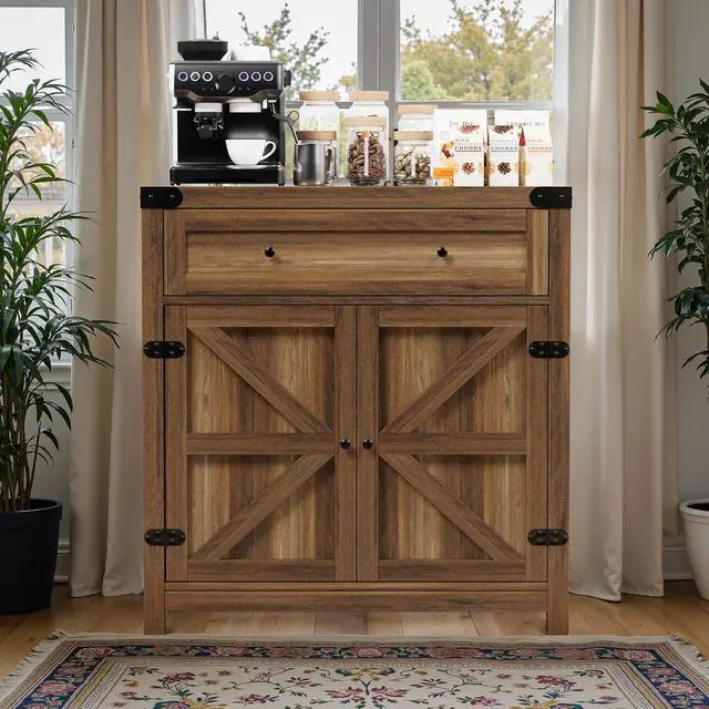 Alt view image 2 of 7 - Bar Cabinet with Drawer & 2 Doors - 31.59" W Rustic Sideboard for Home Bar, Wine Storage & Coffee Station, Farmhouse Style Buffet Storage Cabinet for Kitchen, Dining Room (Rustic Brown)