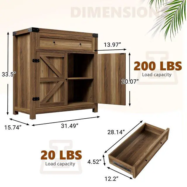Alt view image 3 of 7 - Bar Cabinet with Drawer & 2 Doors - 31.59" W Rustic Sideboard for Home Bar, Wine Storage & Coffee Station, Farmhouse Style Buffet Storage Cabinet for Kitchen, Dining Room (Rustic Brown)