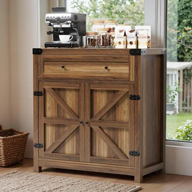 Alt view image 4 of 7 - Bar Cabinet with Drawer & 2 Doors - 31.59" W Rustic Sideboard for Home Bar, Wine Storage & Coffee Station, Farmhouse Style Buffet Storage Cabinet for Kitchen, Dining Room (Rustic Brown)