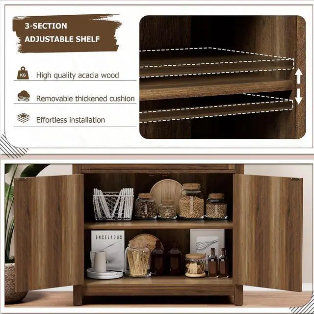 Alt view image 6 of 7 - Bar Cabinet with Drawer & 2 Doors - 31.59" W Rustic Sideboard for Home Bar, Wine Storage & Coffee Station, Farmhouse Style Buffet Storage Cabinet for Kitchen, Dining Room (Rustic Brown)